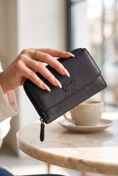 Grande 2754 Siyah detay Hakiki deri Kadın cüzdan kartlık clutch SİYAH