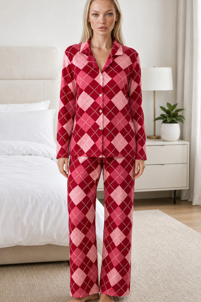 Şeker Portakalım Women's Casual Flexible Loose Red Pajama Set 4668
