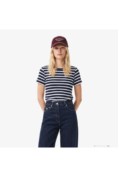 Lacoste Kadın Slim Fit Bisiklet Yaka Çizgili Lacivert T-Shirt