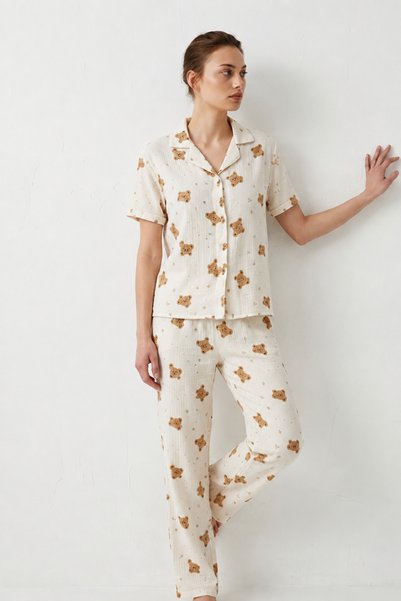 Şeker Portakalım V-Neck Pajama Set with Broken Elastic Waistband, White
