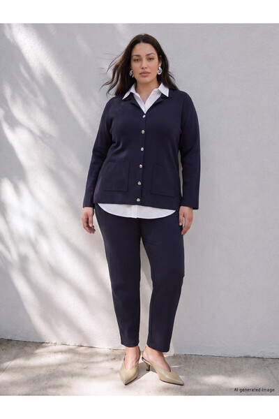 LC Waikiki Vision New Season Navy Blue Plus Size Women's Pleated Fabric Pants