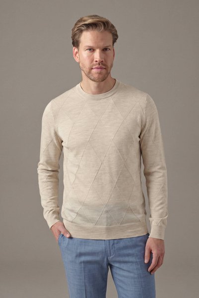 Hemington Merino Yün İpek Karışım Bisiklet Yaka Argyle Desen Bej Triko