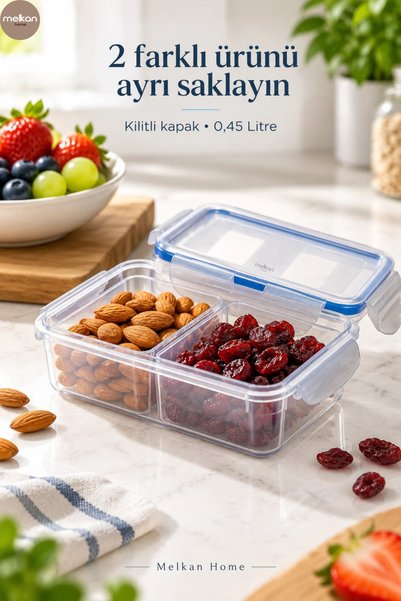 Melkan Home Ara Bölmeli Saklama Kabı 0,45 Litre Kilitli Kapaklı Saklama Kabı ...