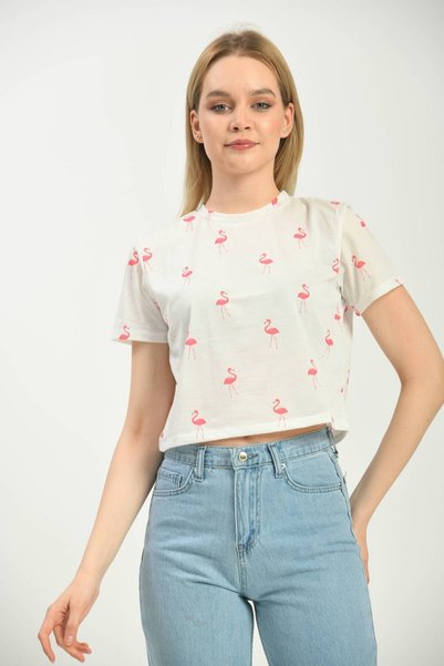 MOVİMENT White Printed Crop Knitted T-Shirt