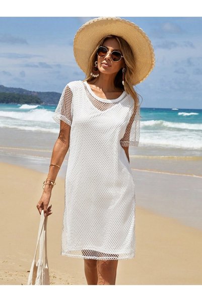 MOVİMENT White Over-The-Knee Lined and Mesh Detail Versatile Summer Dress