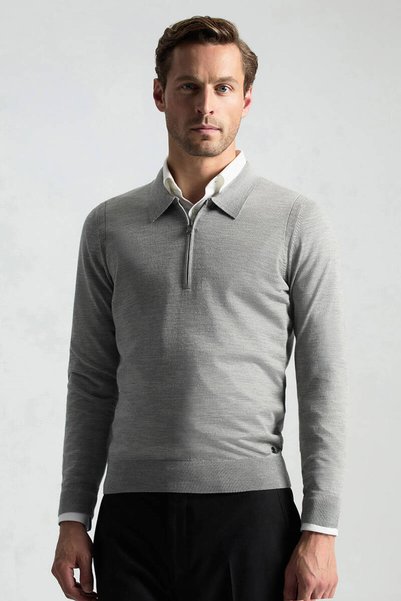 Hemington Merino Yün İpek Yarım Fermuarlı Açık Gri Polo Triko