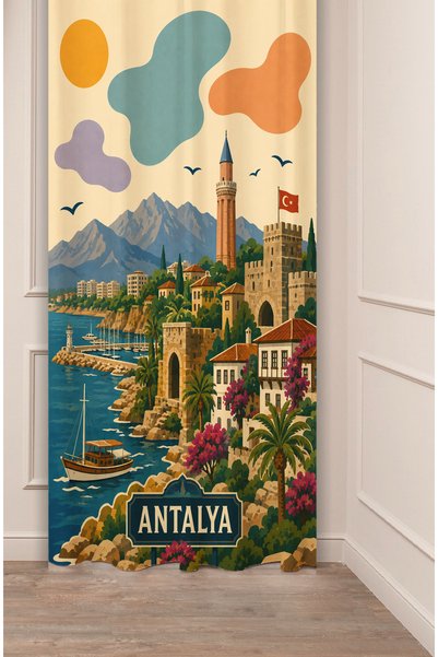 GREENDECOR Cortina de fundal cu ilustrații retro cu tematică Antalya - Cortin...
