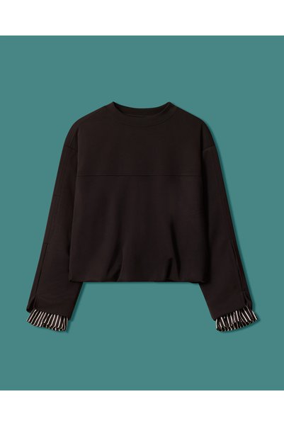SCL Çizgili Gömlek Detaylı Bisiklet Yaka Sweatshirt