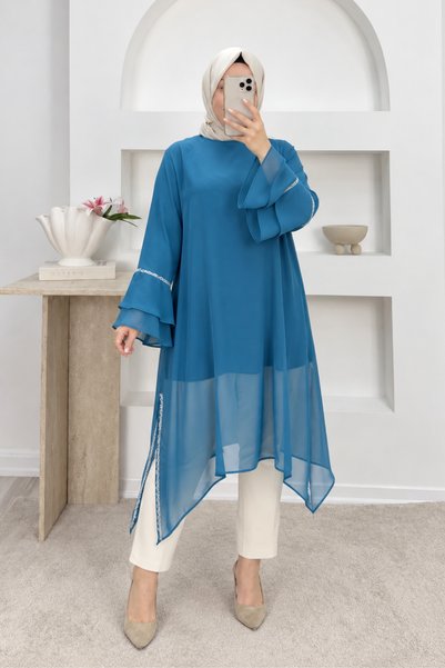 Eslina 58018 تونيك شيفون بأكمام كبيرة الحجم ومطبوع بالأحجار - بترولي