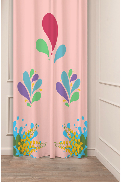 GREENDECOR Renkli Pembe Mavi Çiçek Boya Desenli Dijital Baskılı (Tek Kanat) T...