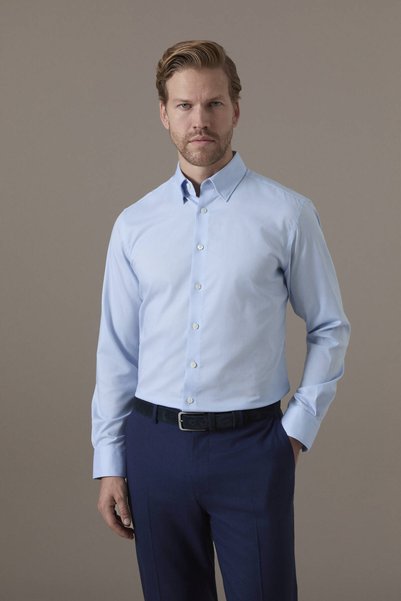 Hemington Kuş Gözü Dokulu Non-Iron Business Gizli Düğme Mavi Gömlek