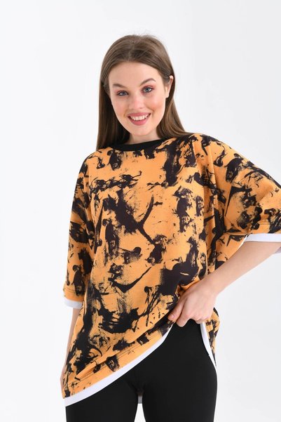 MOVİMENT Unisex Light Orange Wide Fit Tie Dye Pattern Printed T-Shirt