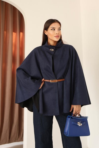 MOVİMENT Women's Navy Blue Suede Belt and Collar Button Detailed Bat Sleeve L...
