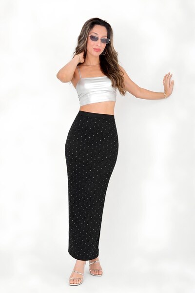 MOVİMENT Black Stone Accessory Detailed Maxi Pencil Skirt |   Body-Hugging, H...