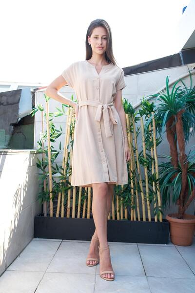 Jument Linen Blend High Collar Off-Shoulder Waist Tie Buttoned Knee-Length Ca...