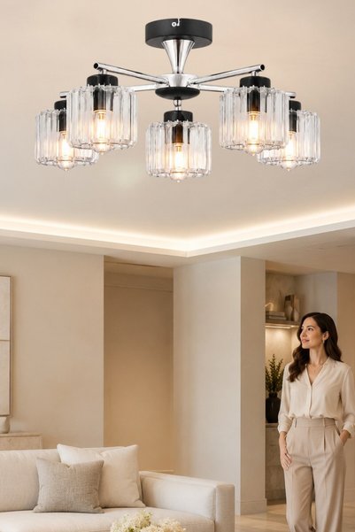 ESSLİGHT Cemre 5’li Krom Plafonyer Kristal Taşlı Avize Salon Mutfak Yatak Odası