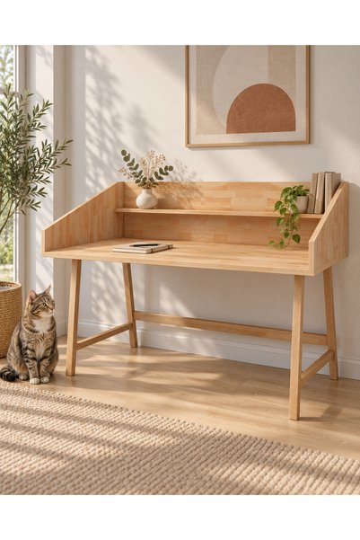 WOODFACE Mely Masif Ahşap Çalışma Masası 120x60 Doğal Ahşap Tek Raflı Özel Ta...