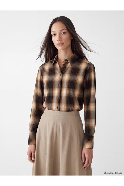 LC Waikiki LCW EVERYDAY Brown Flannel Plaid Loose & Oversized Women's Flannel...
