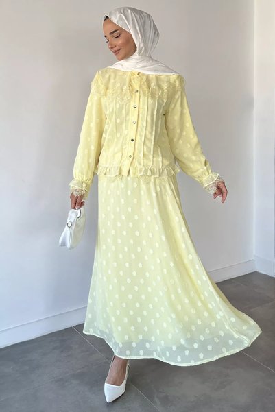TOZLU Guipure Detailed Shirt, Elastic Waist Skirt, Hijab, Two-Piece Set