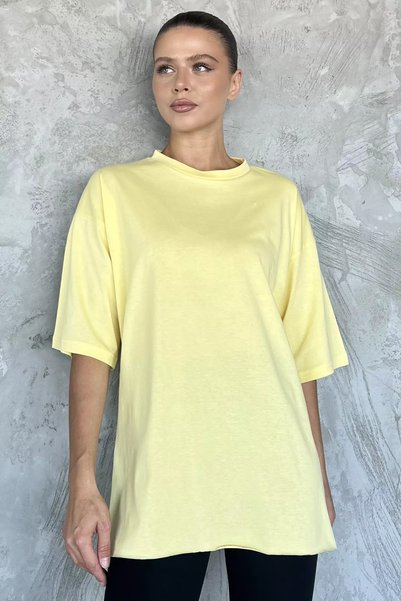 TOZLU Women's Crew Neck Loose T-Shirt with Side Slit Detail