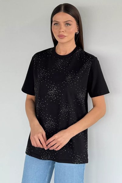 TOZLU Women's Crew Neck Stone Embroidered T-Shirt