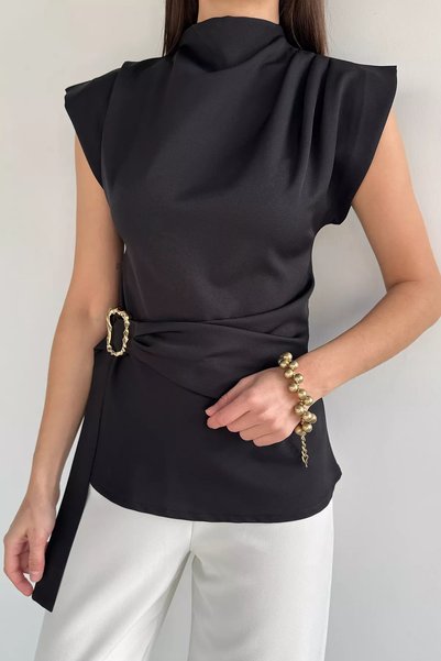 TOZLU Women's Stand Collar Blouse with Draped Waist and Shoulder Belt Detail