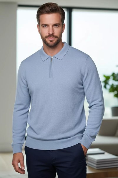 TOZLU سترة تريكو رجالية بياقة بولو ونمط خطوط وسحاب نصفي