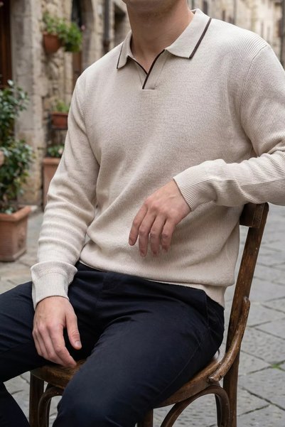 TOZLU Men's Polo Neck Self-Stripe Patterned Knitwear Sweater