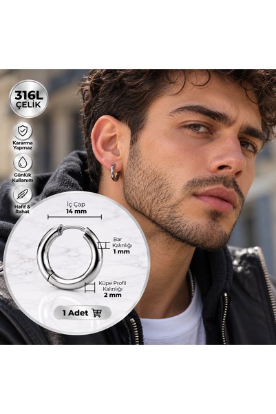 Heppii Men's Surgical Steel Hoop Earrings Silver Color 14 mm Single Piece