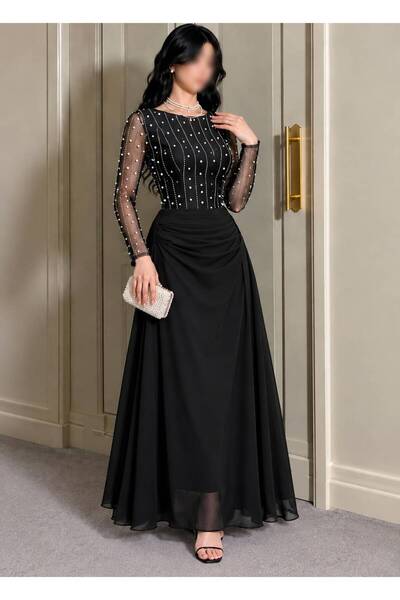 Olivia Style Black Long Evening Dress with Sheer Sleeves and Pearl Embellishm...