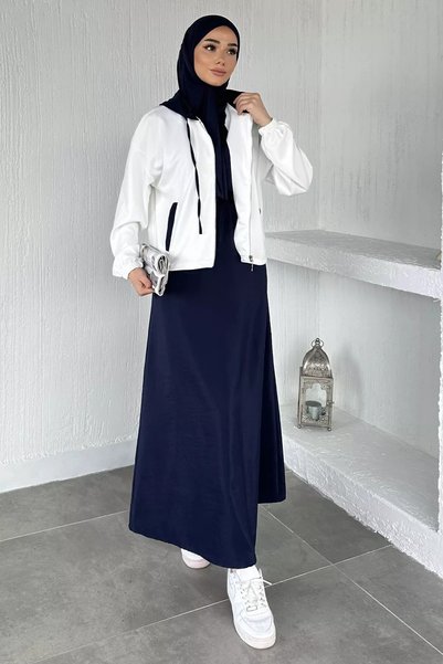 TOZLU Elastic Waist Zero Sleeve Dress Zippered Sweat Hijab Double Set