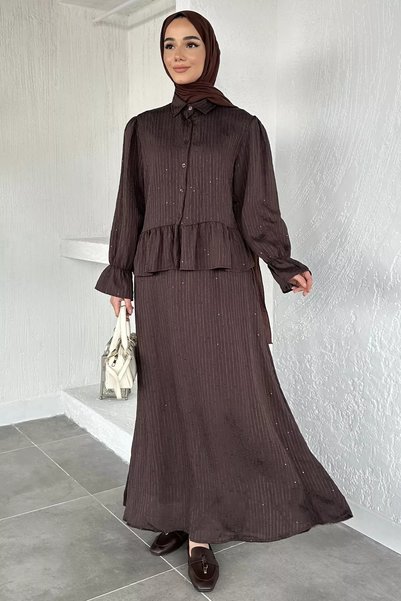 TOZLU Ruffled Sequined Shirt Skirt Hijab Double Set
