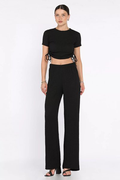 TOZLU Women's Self-Patterned Side Gathered Blouse and Trousers Two-Piece Set