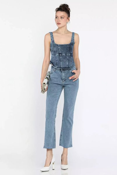 TOZLU Cut-Off Leg High Waist Women's Jean Denim Trousers
