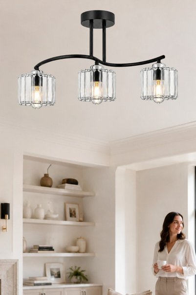 ESSLİGHT Ahu 3'lü Siyah Plafonyer Kristal Taşlı Avize Salon Mutfak Yatak Odası
