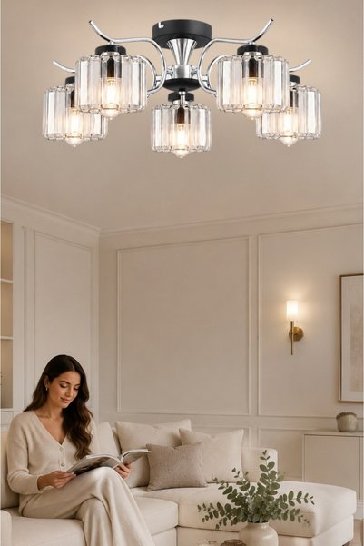 ESSLİGHT Esma 5’li Krom Plafonyer Kristal Taşlı Avize Salon Mutfak Yatak Odası
