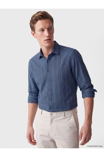 LC Waikiki Southblueregular fit striped 100% linen men's shirt