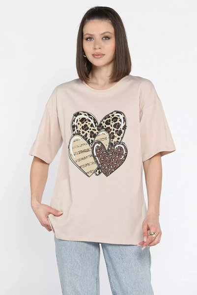 TOZLU Tricou de damă cu decolteu tip crewneck, cu imprimeu leopard și inimă î...