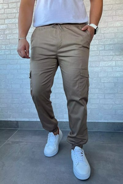 TOZLU Men's Cargo Pocket Trousers with Elastic Waist and Cuffs
