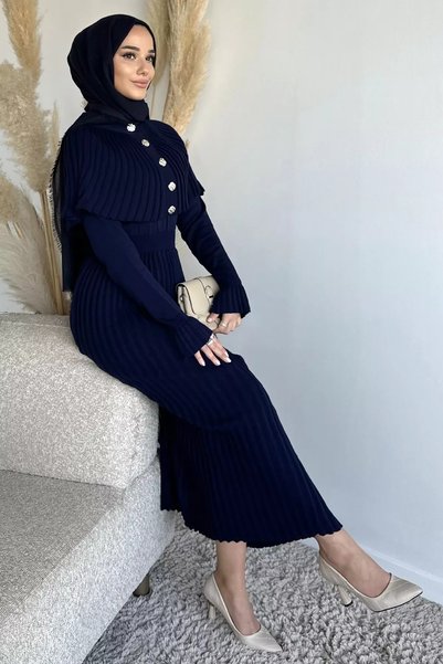 TOZLU Pleated Hijab Knitwear Dress with Cape