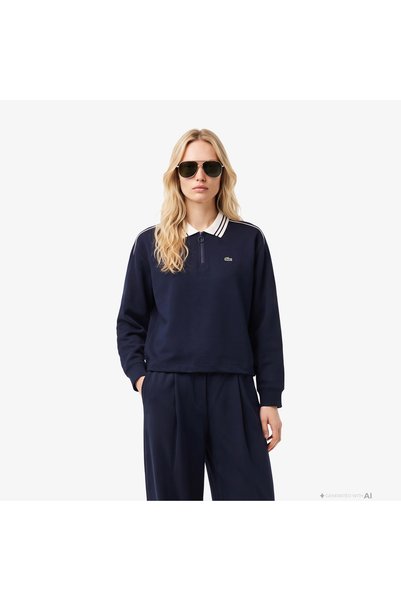 Lacoste Kadın Loose Fit Polo Yaka Lacivert Sweatshirt