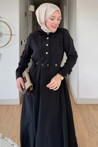 TOZLU Polo Collar Gold Buttoned Eyelet Detailed Hijab Dress
