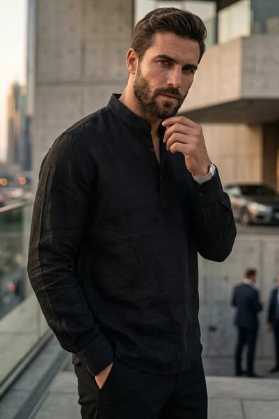 TOZLU Men's collared half button shirt