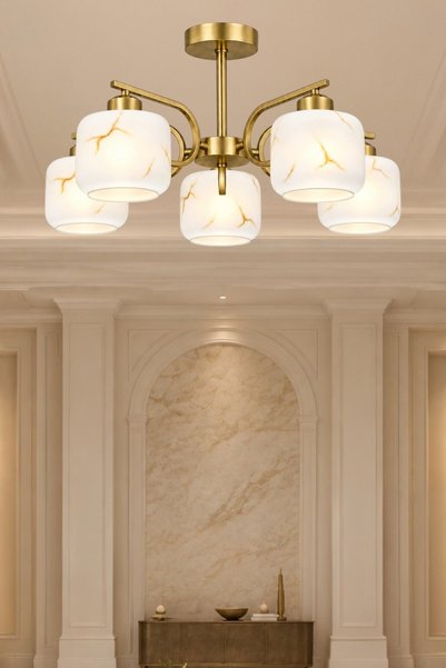 ESSLİGHT Aura 5’li Eskitme Plafonyer Mermer Desen Camlı Avize Salon Mutfak Ya...