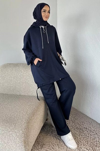 TOZLU Front Zippered Hooded Tunic with Elastic Waist Pants, Islamic Clothing ...