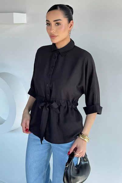 TOZLU Women's Belted Folded Sleeve Shirt