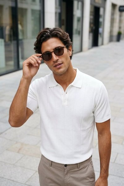 TOZLU Men's Polo Collar Half Button Knitwear T-Shirt