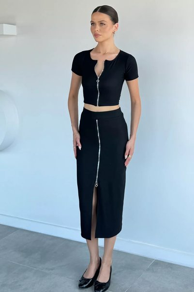 TOZLU Front Zippered Blouse Skirt Double Set