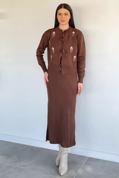 TOZLU Set de două piese pentru femei, rochie tricotată cu perle și pietre bro...