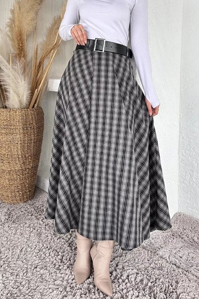 TOZLU Plaid Patterned Hijab Skirt with Belt Accessories